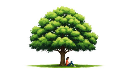 A person sits peacefully beneath the shade of a large, vibrant green tree, engrossed in a book on a grassy patch.の素材