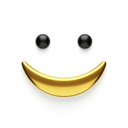 A minimalist, 3D rendered smiley face with glossy black eyes and a shiny golden smile on a clean white surface.の素材