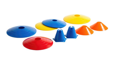 A collection of brightly colored sports training cones and disc markers, ideal for agility drills and field marking.の素材