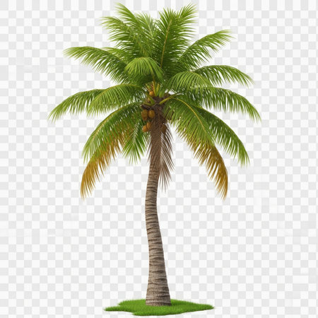 A realistic depiction of a lush coconut palm tree, showcasing its verdant fronds and detailed textured trunk, perfect for adding a touch of tropical paradise to any design.の素材