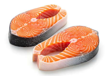Two vibrant salmon steaks are showcased, highlighting their rich orange flesh and distinct white fat marbling. These premium cuts are perfect for grilling, baking, or pan-searing, offering a delicious and nutritious meal.の素材
