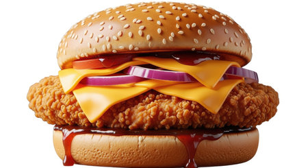 A mouthwatering crispy chicken burger piled high with melted cheddar cheese, fresh red onion, and tomato on a sesame seed bun.の素材