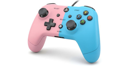 Two gaming controllers, one pink and one blue, are joined together, suggesting cooperative play or a unique gaming setup.の素材
