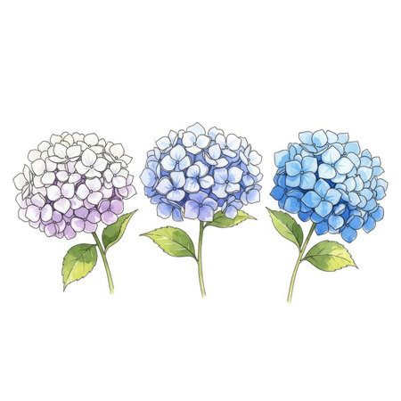 A delicate watercolor illustration of three hydrangea blooms, transitioning from white and purple to shades of blue, with green stems and leaves.の素材