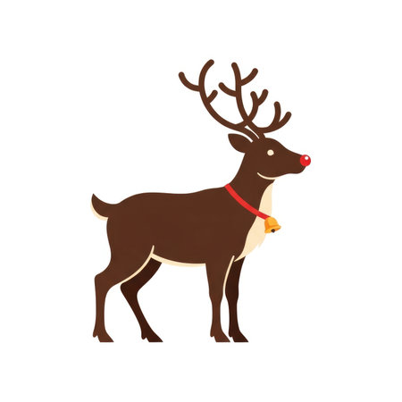 A stylized, cartoon illustration of a brown reindeer wearing a red collar with a golden bell and large antlers.の素材