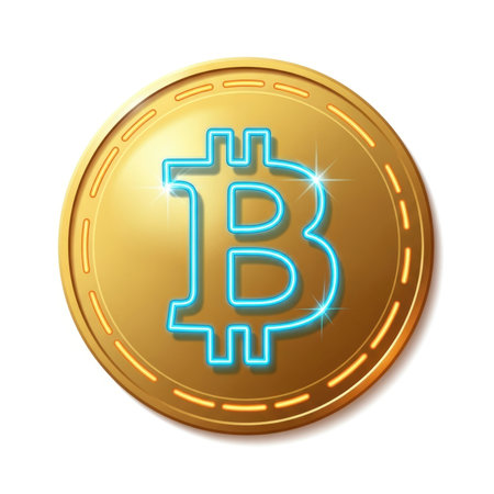 A shiny golden coin with the iconic Bitcoin symbol glowing in bright blue neon light on a white background.の素材