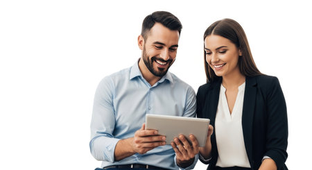 A man and woman in business attire smiling and looking at a tablet together, suggesting teamwork and shared ideas.の素材