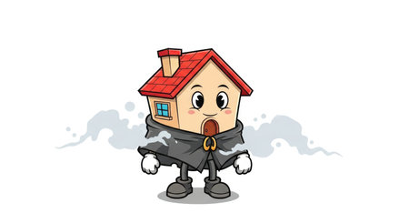 A whimsical cartoon house with a face, arms, and legs, dressed in a jacket and scarf, standing against a cloudy background.の素材