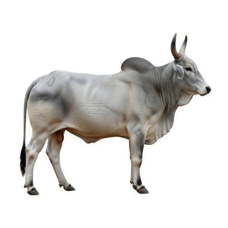A full-body profile of a light gray Indian Zebu bull with a prominent hump and curved horns, isolated on a white background.の素材