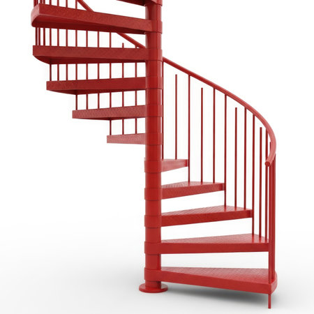 A striking red spiral staircase with black metal railings ascends against a clean white backdrop, showcasing its architectural form.の素材