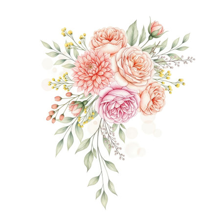 A watercolor painting of a cascading bouquet featuring soft peach and pink roses and dahlias, accented by pale green leaves and branches.の素材
