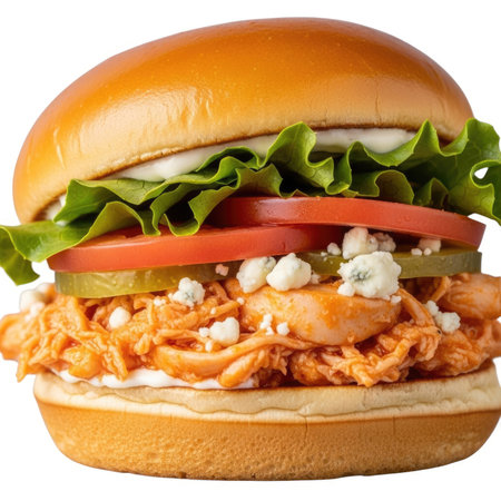 A mouthwatering buffalo chicken sandwich piled high with lettuce, tomato, pickles, and crumbled blue cheese on a toasted bun.の素材