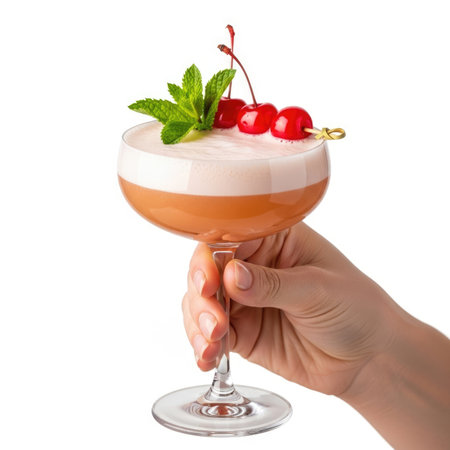 A person's hand holds a coupe glass filled with a layered cocktail topped with foam, cherries, and fresh mint leaves.の素材