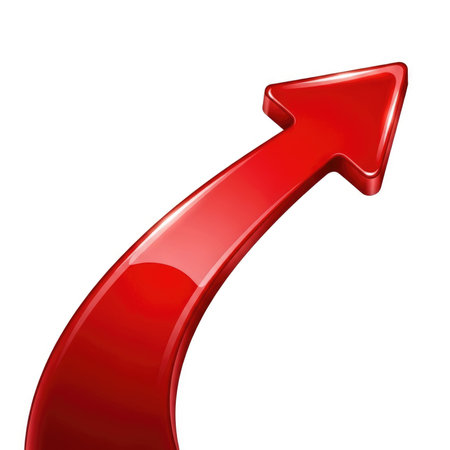 A shiny, three-dimensional red arrow curves upwards and to the right against a clean white background.の素材