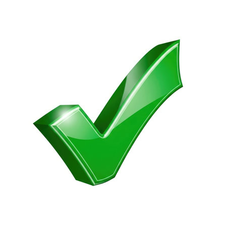 A vibrant, glossy green check mark symbol, isolated on a white background, signifying approval, correctness, or a task completed.の素材