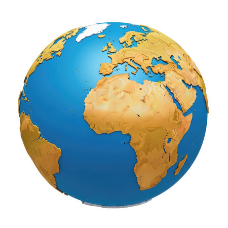 A realistic 3D rendered globe displays continents of Africa Europe and Asia with clear landmass and ocean details against a white background.の素材