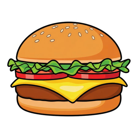 A vibrant, hand-drawn illustration of a classic hamburger featuring a sesame seed bun, juicy patty, melted cheese, crisp lettuce, and ripe tomato slices.の素材