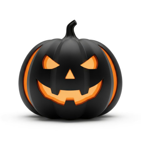 A carved black pumpkin with a menacing face glows with an eerie orange light from within, perfect for Halloween decor.の素材