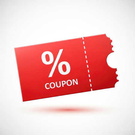 A bright red coupon with a white percentage symbol and the word "COUPON" printed on it. It has a perforated edge for tearing.の素材