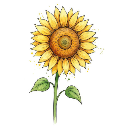 A single, bright yellow sunflower rendered in watercolor with artistic splatters and green leaves on a white background.の素材
