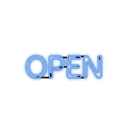 A vibrant blue neon sign spells out the word OPEN, illuminated brightly against a clean white background.の素材