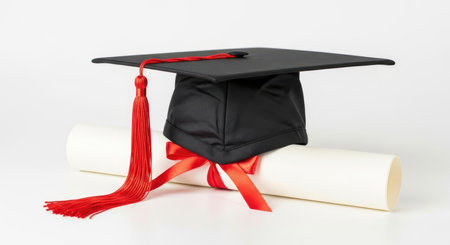 A black graduation cap with a red tassel sits atop a rolled diploma tied with a red ribbon, symbolizing academic achievement.の素材