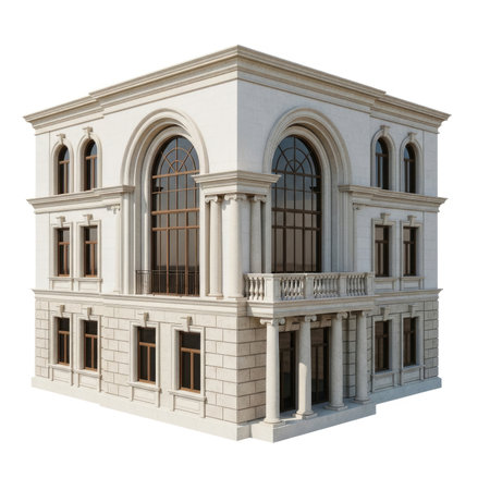 A detailed architectural rendering of a multi-story classical building featuring grand arched windows, ornate detailing, and a prominent balcony.の素材