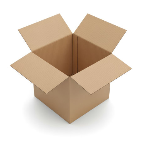 An empty, open brown cardboard box with its flaps extended, isolated on a white background. Perfect for shipping and storage.の素材