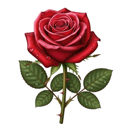A detailed illustration of a blooming red rose with velvety petals, set against a white background, showcasing its stem and leaves.の素材