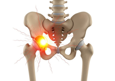 Detailed 3D rendering of the human pelvis and hip joint. The image highlights a point of severe pain and inflammation, suggesting conditions like hip arthritis or sciatic nerve irritation.の素材