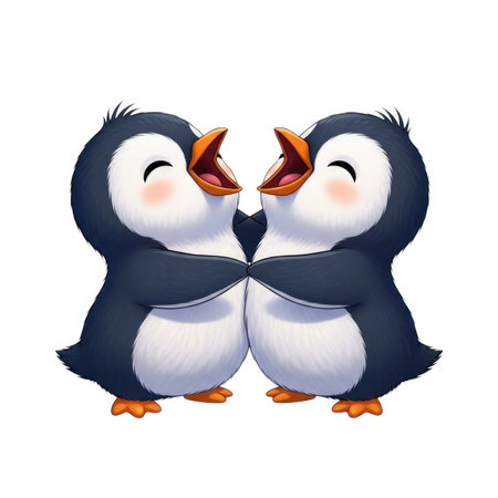 Two cute, stylized penguins with their flippers around each other, mouths open in laughter, on a white background.の素材