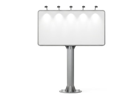 A blank modern outdoor billboard with multiple bright spotlights illuminating the white display area, standing on a sturdy metallic pole, perfect for your message.の素材