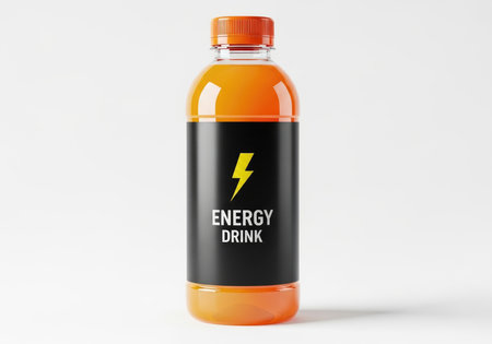 Isolated bottle with orange energy drink. Black label, yellow lightning bolt and 'ENERGY DRINK' text. Symbolizes quick energy, vitality, refreshment.の素材