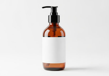 Isolated amber glass pump dispenser bottle with a blank white label. Ideal for showcasing cosmetic, skincare, or liquid soap product branding designs and mockups.の素材
