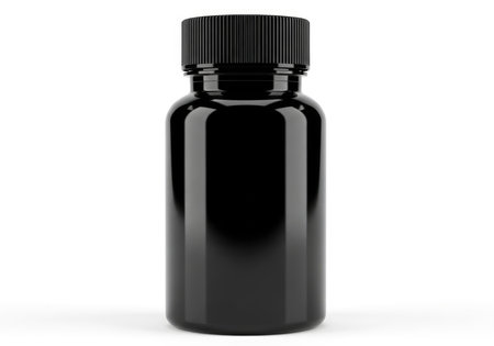 A stylish, dark-colored plastic bottle featuring a distinct ribbed screw cap, presented as an empty template for diverse product packaging solutions and branding ideas.の素材