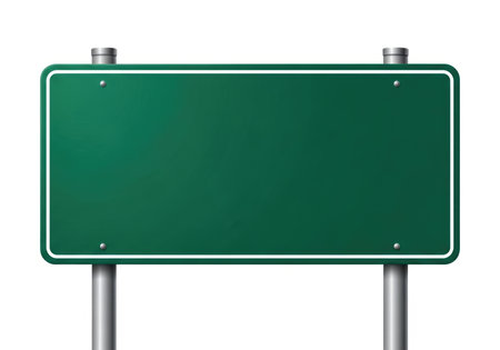 A clear, isolated blank green road sign with two sturdy silver posts, ideal for customizable messages, essential directions, or advertising content. Ample copy space.の素材