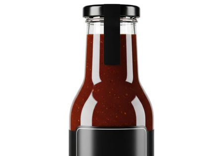 Studio image of a glass bottle filled with rich, dark red sauce. Blank labels on the neck and body offer space for custom branding. Ideal for food product mockups and promotion.の素材