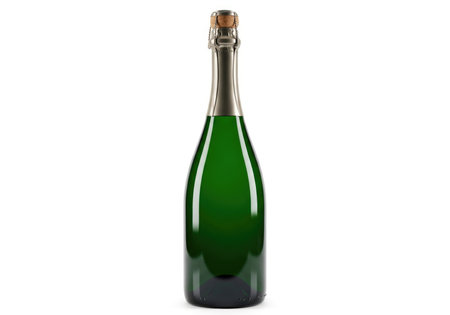 Isolated green glass champagne bottle with a natural cork, wire cage, and metallic foil. Perfect for celebrations, toasts, and luxury events and parties.の素材