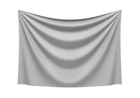 A versatile white fabric banner, elegantly draped with soft folds and delicate texture, perfect for background use, graphic overlays, or as a sophisticated empty space for text.の素材