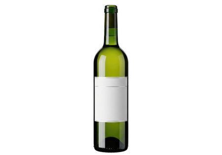 A sleek green glass wine bottle stands upright, featuring a prominent blank white label ready for custom branding or text. Perfect for product mockups, advertisements, and beverage industry designs.の素材