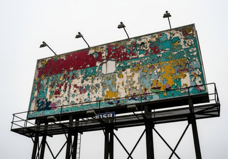 A derelict urban billboard stands isolated, showcasing a vibrant yet worn texture of peeling multi-colored paint. Perfect for background or graphic design elements.の素材