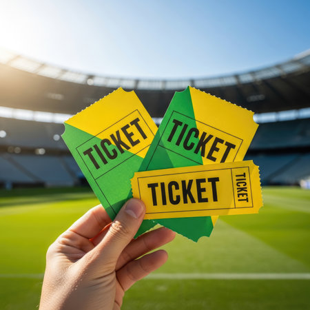 A hand holds several yellow and green event tickets with the word "TICKET" clearly visible. The background shows a bright sunny sky over a green stadium field and seating area, symbolizing entry to a sporting event or concert.の素材