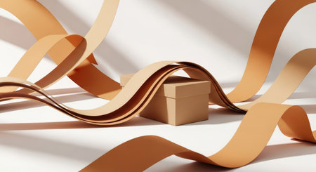 Minimalist studio shot of a beige gift box surrounded by flowing wavy paper ribbons on a white background with shadows, creating an elegant abstract composition for product display or celebration.の素材