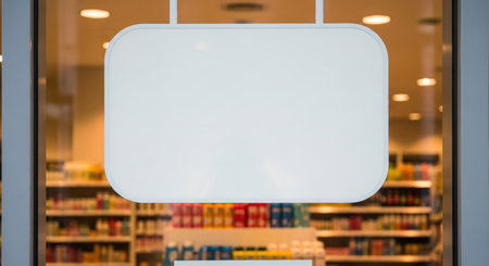 A blank white sign hanging in front of a retail store window, offering ample copy space for custom text or a logo. The background shows blurred shelves of products inside the store, suggesting a pharmacy or general shop.の素材