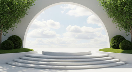 A clean, minimalist 3D render of an outdoor architectural space featuring a circular podium with curved steps, framed by a large archway. Green trees and bushes flank the sides, with a clear blue sky and clouds visible in the background. Ideal for product display, presentation, or abstract design concepts.の素材