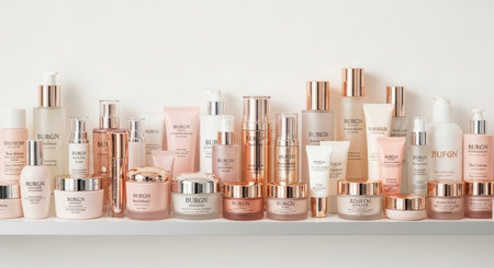 A collection of various skincare and cosmetic products, including bottles, jars, and tubes, with pink and rose gold accents, arranged neatly on a white shelf.の素材