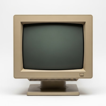 A vintage beige CRT computer monitor on a white background, representing retro technology and outdated computing hardware.の素材
