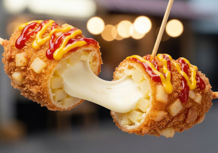 Close-up of a Korean corn dog cut in half, showcasing a strong cheese pull with melted mozzarella. The deep-fried snack is covered with potato cubes and topped with ketchup and mustard, representing popular street food.の素材