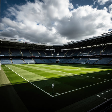 Panoramic view of an empty football stadium on a bright day with dramatic clouds. The manicured green pitch with white markings is clearly visible, ready for a game.の素材