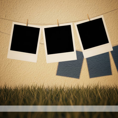 Three blank polaroid photos clipped to a clothesline with wooden pegs, displayed against a textured wall with grass in the foreground. Ideal for memories and nostalgia.の素材